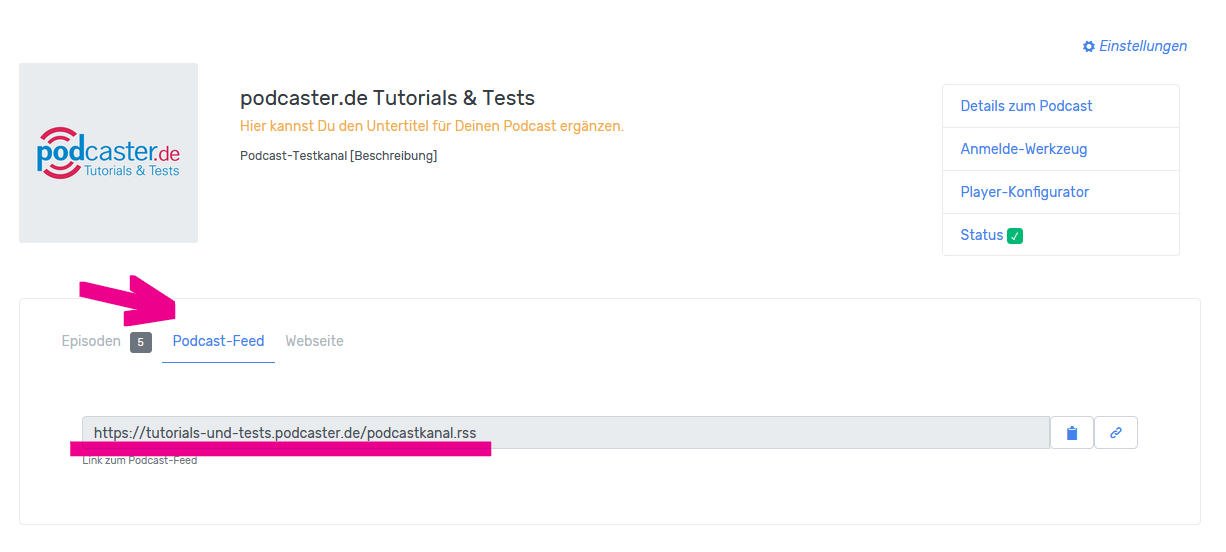RSS-Feed Anzeige bei podcaster.de